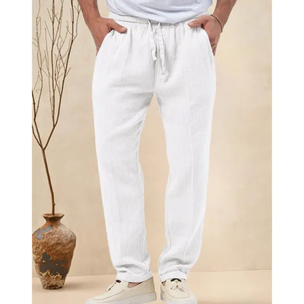 Men's Trousers Beach Shorts Casual Pants Seersucker Pants Drawstring Elastic Waist Straight Leg Plain Comfort Breathable Daily Holiday Vacation Fashion Casual Black White