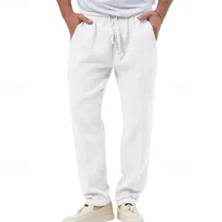 Men's Trousers Beach Shorts Casual Pants Seersucker Pants Drawstring Elastic Waist Straight Leg Plain Comfort Breathable Daily Holiday Vacation Fashion Casual Black White