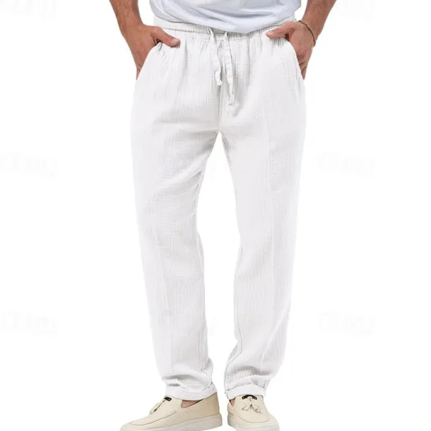 Men's Trousers Beach Shorts Casual Pants Seersucker Pants Drawstring Elastic Waist Straight Leg Plain Comfort Breathable Daily Holiday Vacation Fashion Casual Black White