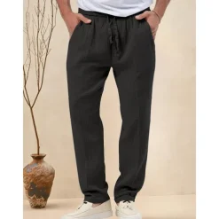 Men's Trousers Beach Shorts Casual Pants Seersucker Pants Drawstring Elastic Waist Straight Leg Plain Comfort Breathable Daily Holiday Vacation Fashion Casual Black White