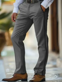 Men's Trousers Chinos Casual Pants Patchwork Front Pocket Solid Color Comfort Full Length Business Daily Holiday Fashion Chic & Modern White Khaki Stretchy