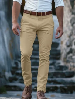 Men's Trousers Chinos Chino Pants Buttons Front Pocket Plain Comfort Business Daily Holiday Fashion Chic & Modern Black White Micro-elastic