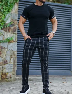 Men's Trousers Chinos Chino Pants Plaid Dress Pants Pocket Plaid Plain Comfort Breathable Outdoor Daily Going out Fashion Streetwear Black Grey