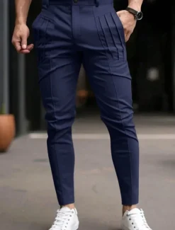 Men's Trousers Chinos Chino Pants Casual Pants Pocket Elastic Waist Pleats Plain Comfort Soft Full Length Outdoor Daily Going out Fashion Streetwear Black Blue Micro-elastic