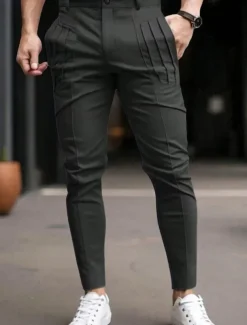 Men's Trousers Chinos Chino Pants Casual Pants Pocket Elastic Waist Pleats Plain Comfort Soft Full Length Outdoor Daily Going out Fashion Streetwear Black Blue Micro-elastic