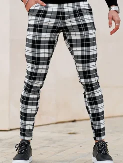Men's Trousers Chinos Chino Pants Plaid Dress Pants Pocket Plaid Comfort Breathable Outdoor Daily Going out Fashion Streetwear White Red