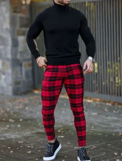 Men's Trousers Chinos Chino Pants Plaid Dress Pants Pocket Plaid Comfort Breathable Outdoor Daily Going out Fashion Streetwear White Red