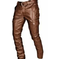 Men's Trousers Faux Leather Pants Casual Pants Multi Pocket Solid Color Nightclub Streetwear Fashion Black Red