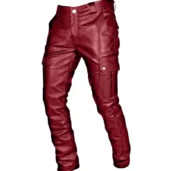 Men's Trousers Faux Leather Pants Casual Pants Multi Pocket Solid Color Nightclub Streetwear Fashion Black Red