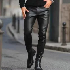 Men's Trousers Faux Leather Pants Casual Pants Pocket Plain Comfort Breathable Outdoor Daily Going out Fashion Casual Black
