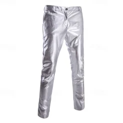 Men's Trousers Faux Leather Pants Casual Pants Front Pocket Plain Comfort Party Daily Holiday Fashion Glitters Silver Black