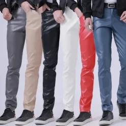 Men's Trousers Faux Leather Pants Casual Pants Pocket Straight Leg Plain Stretch Party Daily Wear Fashion Streetwear Black White