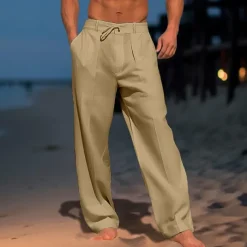 Men's Trousers Summer Pants Beach Pants Drawstring Pleats Straight Leg Plain Comfort Breathable Wedding Casual Daily Fashion Classic Style Black White