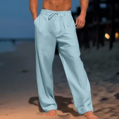 Men's Trousers Summer Pants Beach Pants Drawstring Pleats Straight Leg Plain Comfort Breathable Wedding Casual Daily Fashion Classic Style Black White