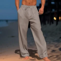 Men's Trousers Summer Pants Beach Pants Drawstring Pleats Straight Leg Plain Comfort Breathable Wedding Casual Daily Fashion Classic Style Black White