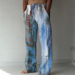 Men's Trousers Summer Pants Beach Pants Elastic Drawstring Design Front Pocket Straight Leg Graphic Prints Flame Comfort Soft Casual Daily For Vacation Linen Like Fabric Fashion Designer Yellow Blue