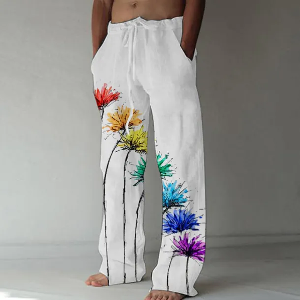 Men's Trousers Summer Pants Beach Pants Elastic Drawstring Design Front Pocket Straight Leg Graphic Prints Flower / Floral Comfort Soft Casual Daily For Vacation Linen Like Fabric Fashion Designer