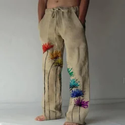 Men's Trousers Summer Pants Beach Pants Elastic Drawstring Design Front Pocket Straight Leg Graphic Prints Flower / Floral Comfort Soft Casual Daily For Vacation Linen Like Fabric Fashion Designer