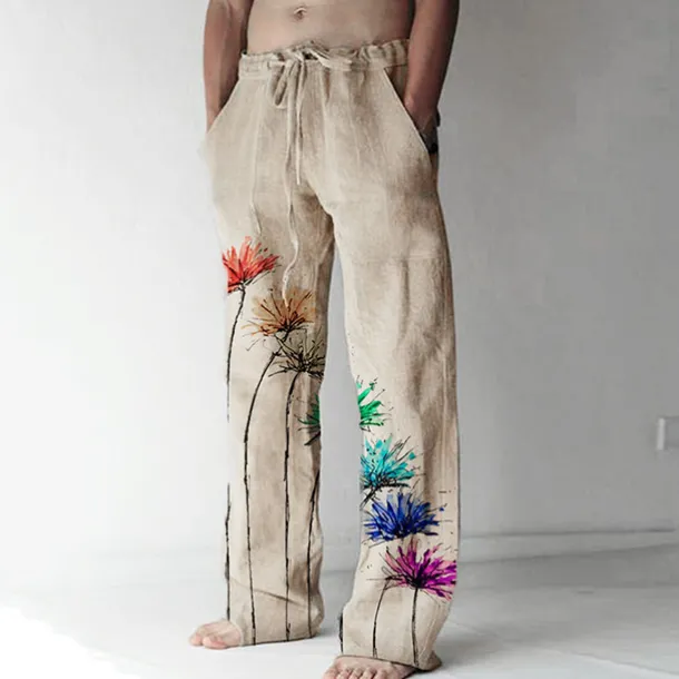 Men's Trousers Summer Pants Beach Pants Elastic Drawstring Design Front Pocket Straight Leg Graphic Prints Flower / Floral Comfort Soft Casual Daily For Vacation Linen Like Fabric Fashion Designer