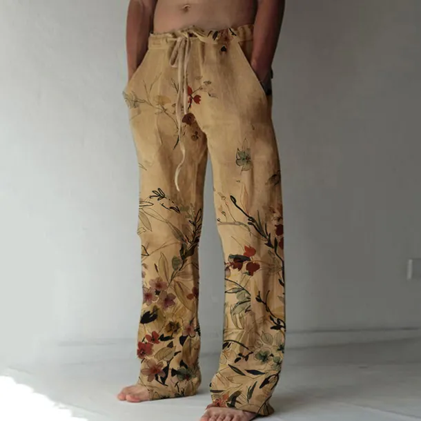 Men's Trousers Summer Pants Beach Pants Elastic Drawstring Design Front Pocket Straight Leg Graphic Prints Flower / Floral Comfort Soft Casual Daily For Vacation Linen Like Fabric Fashion Designer