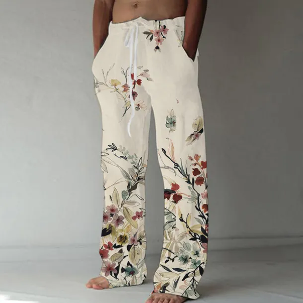 Men's Trousers Summer Pants Beach Pants Elastic Drawstring Design Front Pocket Straight Leg Graphic Prints Flower / Floral Comfort Soft Casual Daily For Vacation Linen Like Fabric Fashion Designer
