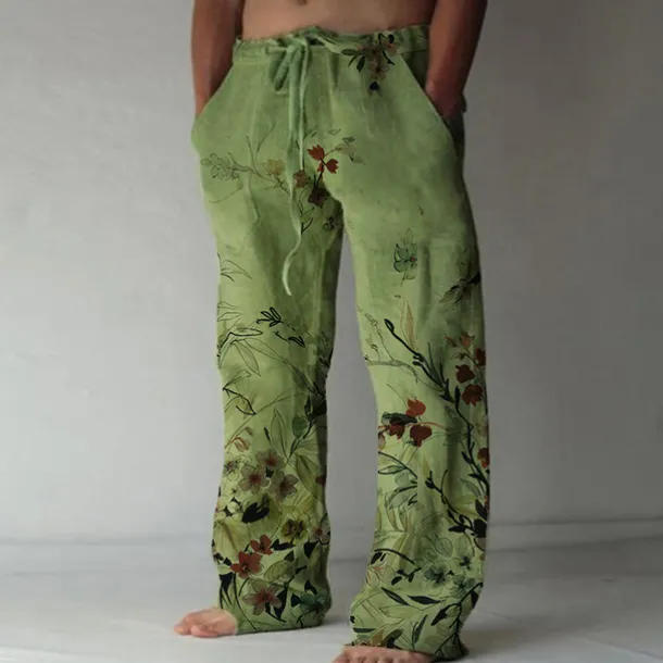 Men's Trousers Summer Pants Beach Pants Elastic Drawstring Design Front Pocket Straight Leg Graphic Prints Flower / Floral Comfort Soft Casual Daily For Vacation Linen Like Fabric Fashion Designer