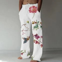 Men's Trousers Summer Pants Beach Pants Elastic Drawstring Design Front Pocket Straight Leg Flower / Floral Comfort Soft Casual Daily For Vacation Linen Like Fabric Hawaiian White Apricot Inelastic