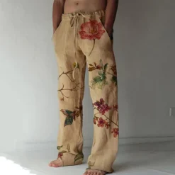 Men's Trousers Summer Pants Beach Pants Elastic Drawstring Design Front Pocket Straight Leg Flower / Floral Comfort Soft Casual Daily For Vacation Linen Like Fabric Hawaiian White Apricot Inelastic
