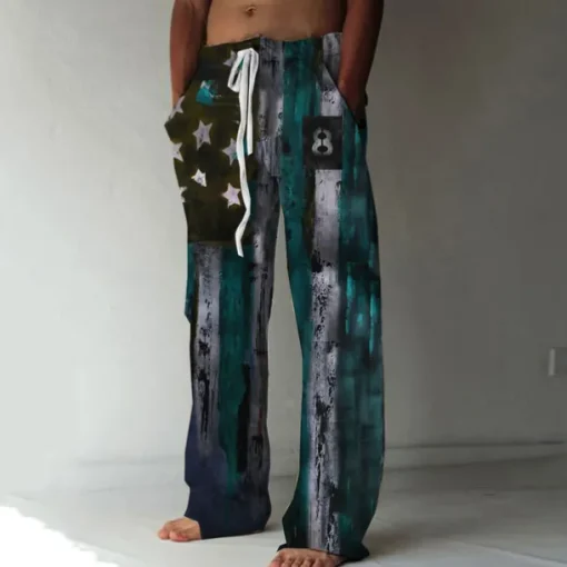 Men's Trousers Summer Pants Beach Pants Straight Elastic Drawstring Design Front Pocket Straight Leg Graphic Prints National Flag Comfort Soft Casual Daily For Vacation Linen Like Fabric Fashion
