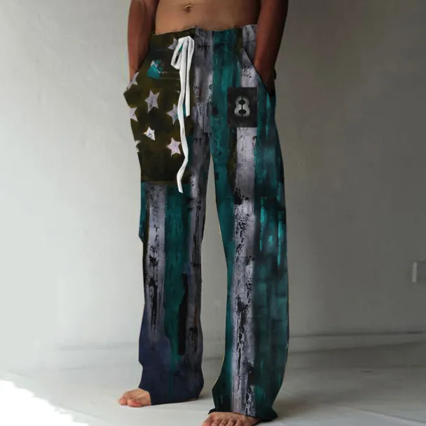 Men's Trousers Summer Pants Beach Pants Straight Elastic Drawstring Design Front Pocket Straight Leg Graphic Prints National Flag Comfort Soft Casual Daily For Vacation Linen Like Fabric Fashion
