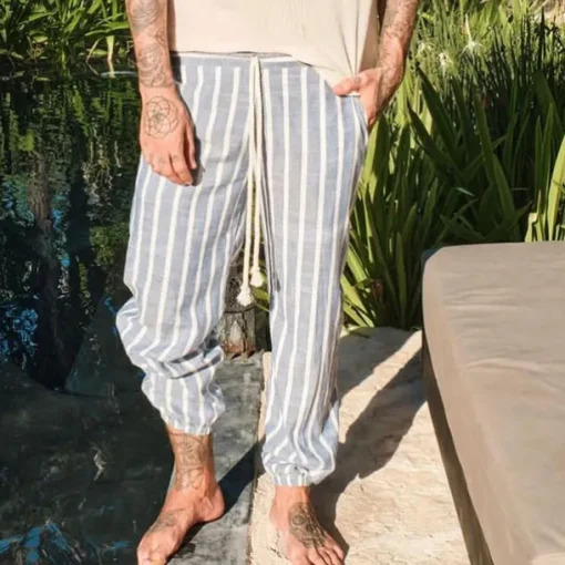 Men's Trousers Summer Pants Beach Pants Pocket Drawstring Elastic Waist Stripe Comfort Breathable Casual Daily Holiday Fashion Classic Style Navy Blue Blue