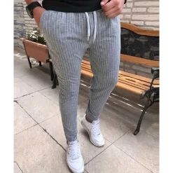 Men's Trousers Summer Pants Casual Pants Pocket Drawstring Elastic Waist Stripe Comfort Work Business Daily Fashion Classic Style Black Royal Blue Micro-elastic