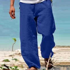 Men's Trousers Summer Pants Beach Pants Drawstring Elastic Waist Straight Leg Plain Comfort Yoga Daily Fashion Streetwear Navy Black