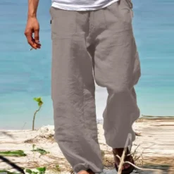 Men's Trousers Summer Pants Beach Pants Drawstring Elastic Waist Straight Leg Plain Comfort Yoga Daily Fashion Streetwear Navy Black