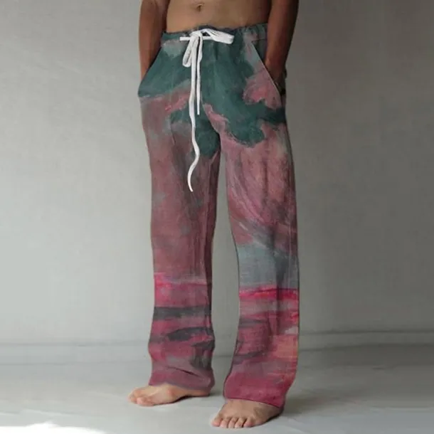 Men's Trousers Summer Pants Baggy Beach Pants Elastic Drawstring Design Front Pocket Straight Leg Graphic Prints Landscape Comfort Soft Casual Daily For Vacation Linen Like Fabric Fashion Streetwear