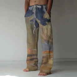 Men's Trousers Summer Pants Baggy Beach Pants Elastic Drawstring Design Front Pocket Straight Leg Graphic Prints Landscape Comfort Soft Casual Daily For Vacation Linen Like Fabric Fashion Streetwear