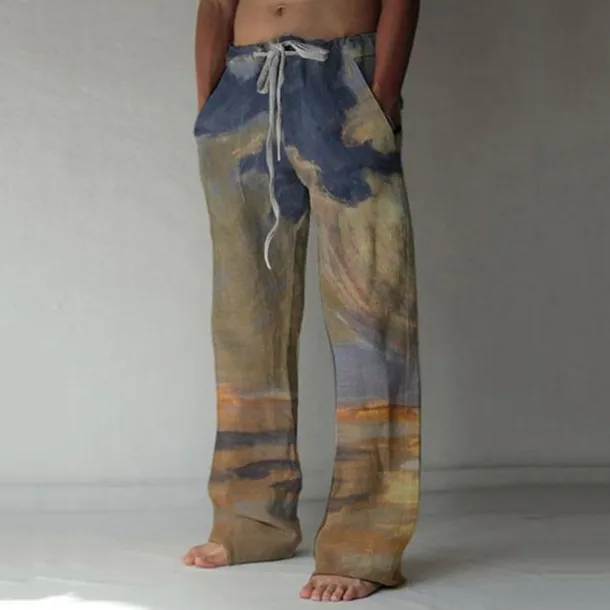 Men's Trousers Summer Pants Baggy Beach Pants Elastic Drawstring Design Front Pocket Straight Leg Graphic Prints Landscape Comfort Soft Casual Daily For Vacation Linen Like Fabric Fashion Streetwear