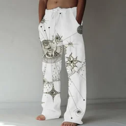 Men's Trousers Summer Pants Beach Pants Straight Elastic Drawstring Design Front Pocket Straight Leg Graphic Prints Astrolabe Comfort Soft Casual Daily For Vacation Linen Like Fabric Fashion Designer