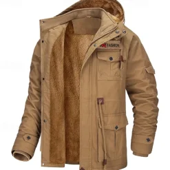 Men's Trucker Jacket Fleece Jacket Cargo Jacket Hoodie Jacket Vacation Daily Thermal Warm Pocket Fleece Fall & Winter Plain Fashion Streetwear Hooded Regular Black Brown Army Green Jacket