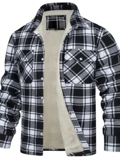 Men's Trucker Jacket Shirt Jacket Casual Jacket Shacket Outdoor Daily Wear Warm Fall Winter Plaid Fashion Streetwear Lapel Regular Black Wine Blue Orange Green Jacket