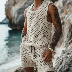 Men's T-shirt Suits 2 Piece Summer Tracksuit Set Casual Sleeveless Suit Crew Neck Summer Knitwear Bohemia Vacation Knitted Vacation Black Brown Beige Top Tee for Men