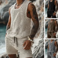 Men's T-shirt Suits 2 Piece Summer Tracksuit Set Casual Sleeveless Suit Crew Neck Summer Knitwear Bohemia Vacation Knitted Vacation Black Brown Beige Top Tee for Men