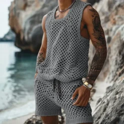 Men's T-shirt Suits 2 Piece Summer Tracksuit Set Casual Sleeveless Suit Crew Neck Summer Knitwear Bohemia Vacation Knitted Vacation Black Brown Beige Top Tee for Men
