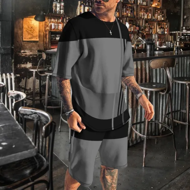 Men's T-shirt Suits 2 Pieces Outfits Tee & Shorts Short Sleeve Crew Neck Summer Color Block Fashion Casual 2 Piece Vacation Daily Wear Going out White Blue Gray Top Tee for Men