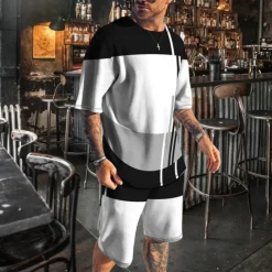 Men's T-shirt Suits 2 Pieces Outfits Tee & Shorts Short Sleeve Crew Neck Summer Color Block Fashion Casual 2 Piece Vacation Daily Wear Going out White Blue Gray Top Tee for Men