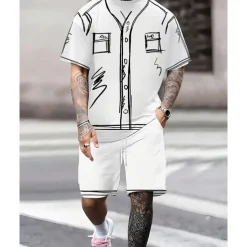 Men's T-shirt Suits 2 Pieces Outfits Tee & Shorts Short Sleeve Crew Neck Summer Graphic Fashion Casual 2 Piece Vacation Daily Wear Going out Black White Top Tee for Men
