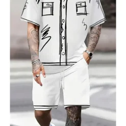 Men's T-shirt Suits 2 Pieces Outfits Tee & Shorts Short Sleeve Crew Neck Summer Graphic Fashion Casual 2 Piece Vacation Daily Wear Going out Black White Top Tee for Men