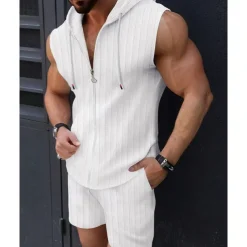 Men's T-shirt Suits 2 Pieces Outfits Tee & Shorts Sleeveless Hooded Summer Plain Fashion Casual 2 Piece Vacation Daily Wear Going out Black Pink White Top Tee for Men