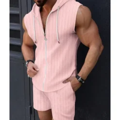 Men's T-shirt Suits 2 Pieces Outfits Tee & Shorts Sleeveless Hooded Summer Plain Fashion Casual 2 Piece Vacation Daily Wear Going out Black Pink White Top Tee for Men