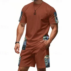 Men's T-shirt Suits 2 Pieces Outfits Tee & Shorts Short Sleeve Crew Neck Summer Graphic Fashion Casual 2 Piece Vacation Daily Wear Going out Black White Brown Top Tee for Men